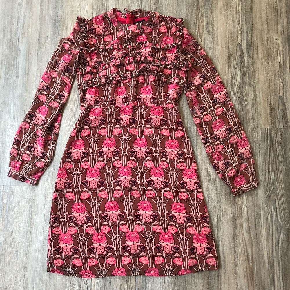 TopShop pink ruffle floral long sleeve dress